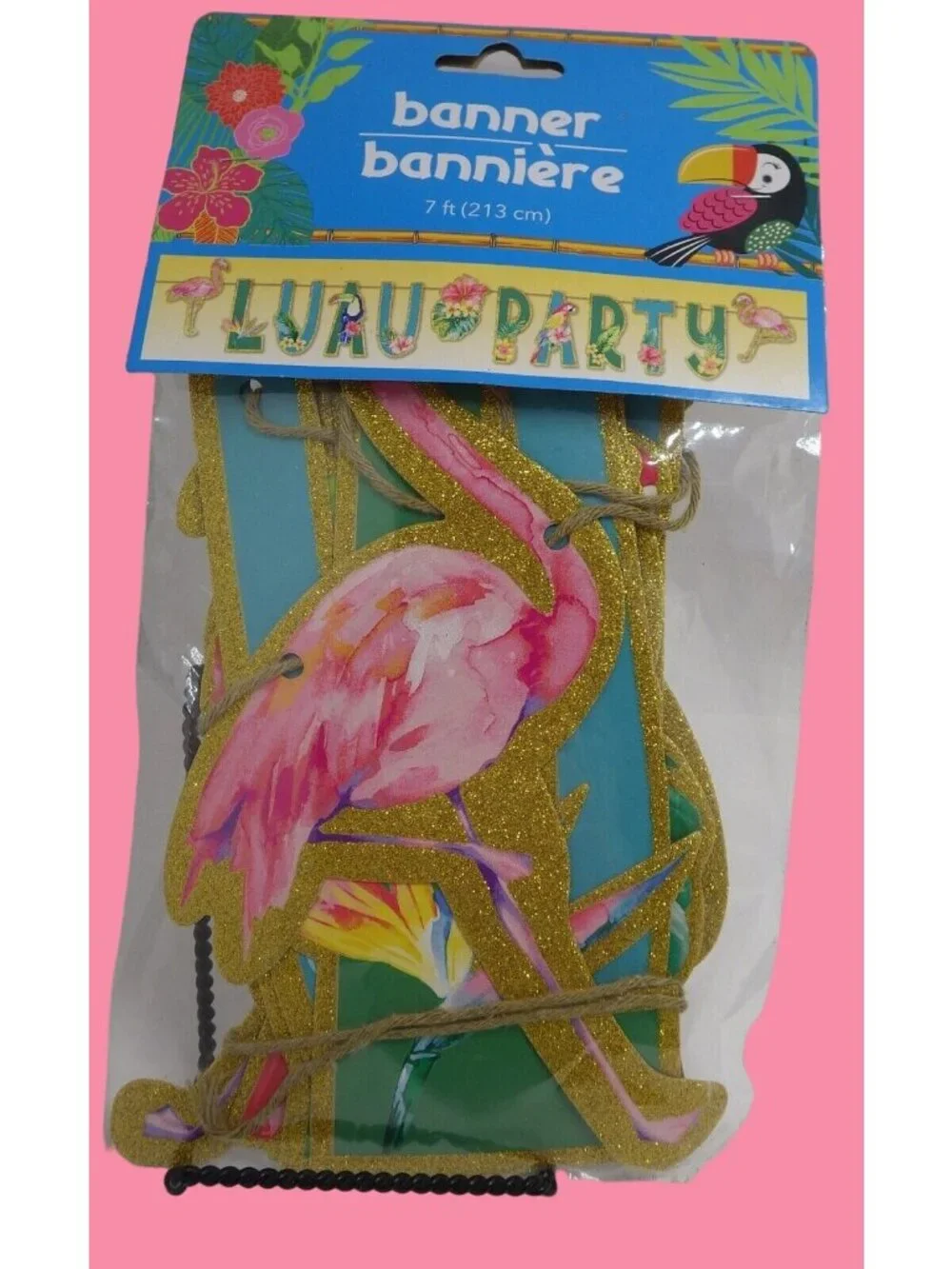Luau Party Banner Pink Flamingo Parrot 7 Feet Glitter Garland Beach Pool Coastal